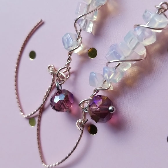 Handmade Earrings - Moonstone Chips & Dark Lilac Crystal Rondelle - EUC - Picture 3 of 7